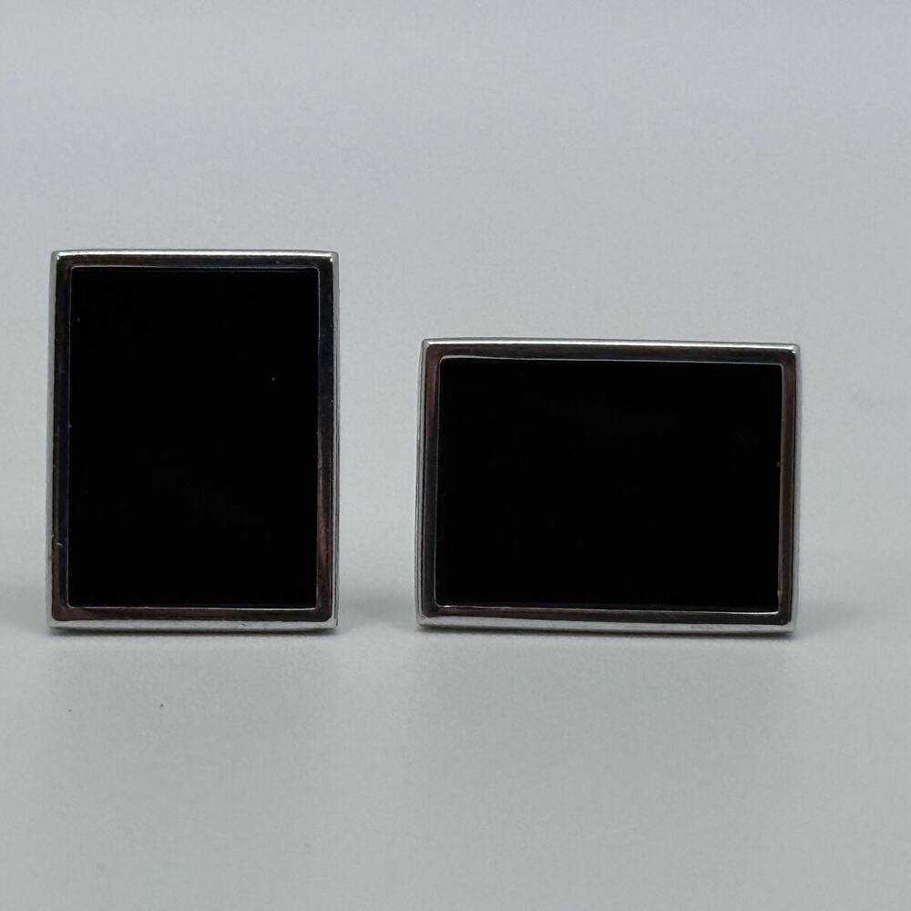 Fashion Rectangle and Round Silver Black Mens Cufflinks 2 Sets - Picture 2 of 7